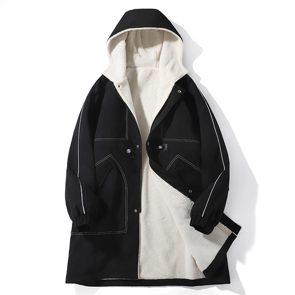 Men's Loose Hooded Trench Coat French Business Overcoat Winter Warm Fleece  Coat