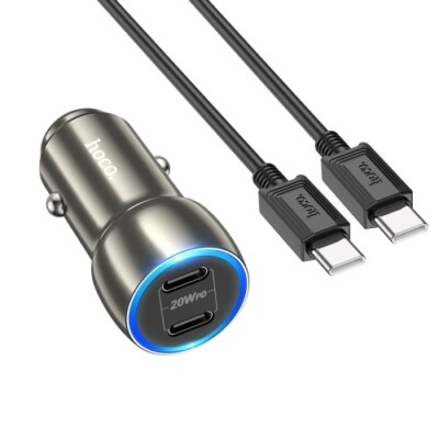 Hoco Z48 40W Dual Port USB-C Metal Car Charger With iPhone Cable - Gray
