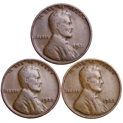 (3 PC LOT) 1931, 1932, 1933 Lincoln Wheat Cent Penny Lot Key Dates NICE!