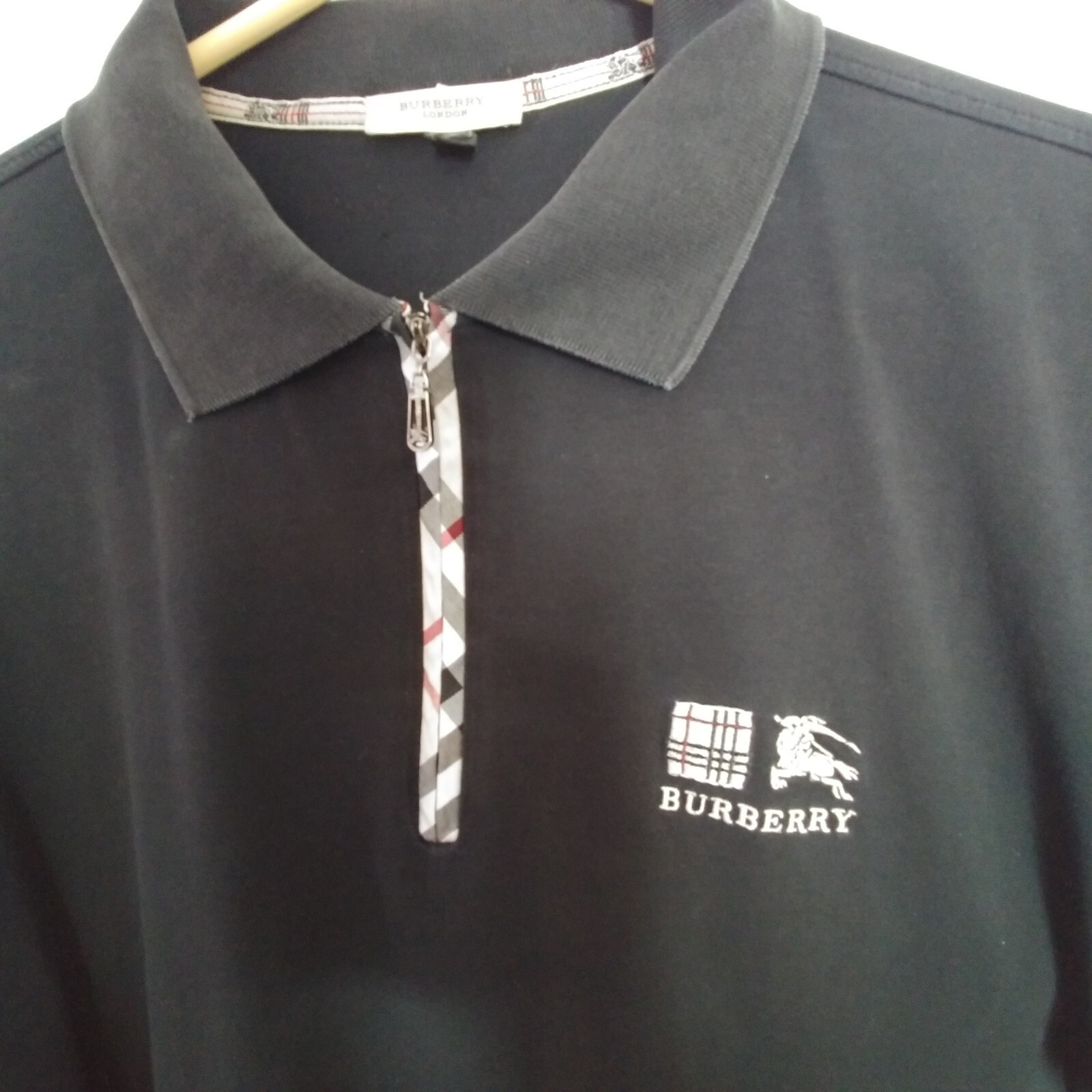 Burberry Black Polo Shirt Men 1/4 Zip XL Tartan Check Classic