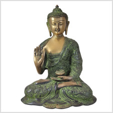 Lehrender Buddha Messing antik schwarzgr&uuml;n 29cm 6kg Vitarka Mudra Buddhastatue