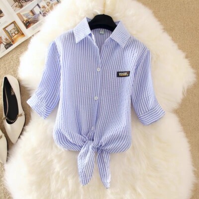Striped Tie Hem Button Shirt Drop Shoulder Rolled Short Sleeve Crop Top PLUS SZ