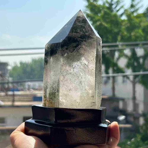 Varita torre de cristal obelisco de cuarzo fantasma natural de 1,2 lb punta y soporte - Imagen 5 de 22