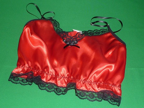 bright RED shiny SATIN shorty camisole CROP TOP black lace new Made in France - Picture 2 of 2