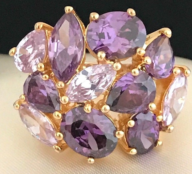 Joan Rivers Ring Purple Crystals Gold Tone Cocktail Statement Ring Sz 5