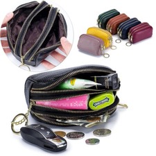 Women 3 Zipper Pocket Leather Coin Purse Change Pouch Wallet With Key Ring