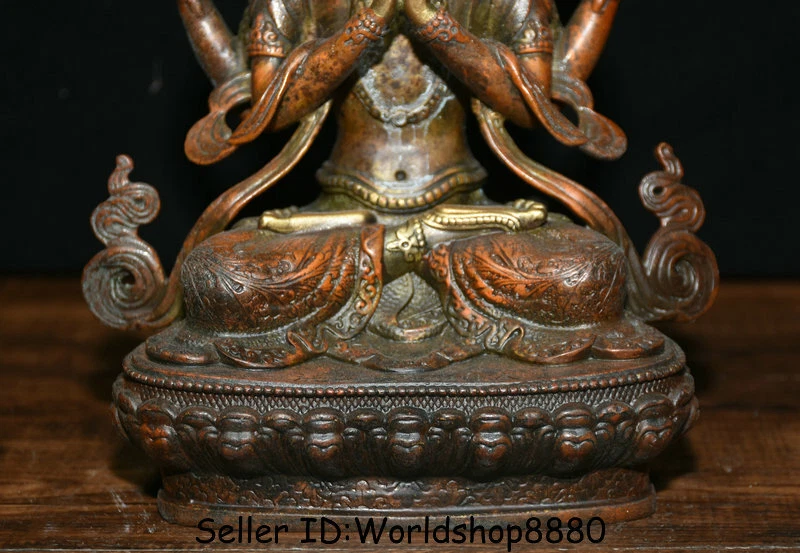 9.2" Antiguo Tíbet Rojo Cobre Dorado 4 brazos Chenrezig Buda Avalokiteshvara Estatua Foto 4 de 4