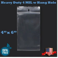4" x 6" Zip Seal Reclosable 4Mil Plastic Top Lock Bags Hang Hole Jewelry 4 Mil
