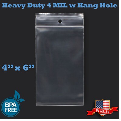 4'' x 6'' Zip Seal Reclosable 4Mil Plastic Top Lock Bags Hang Hole Jewelry 4 Mil