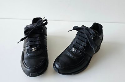 CHANELサイズ38スニーカー黒 Chanel Interlocking CC Logo Black Tweed Leather Sneakers 35.5 | eBay