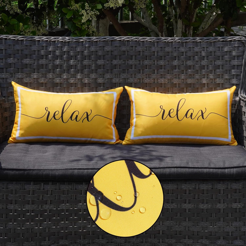 Outdoor Waterproof Throw Pillow Covers 12X20 Set of 2 Yellow and White Relax Dec - Picture 10 of 12