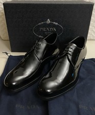 New PRADA Milano Black Spazzolato Leather Derby Mens US 9 Formal Dress Shoes NIB