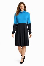 Karen Kane Jersey Color Block Turtleneck Long Sleeve Dress Teal Black L NEW NWT