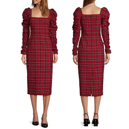 Antonio Melani Elena Red Tartan Plaid Square Neck Long Sleeve Midi Dress 12 NWT - Picture 11 of 11