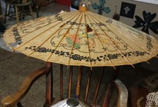 Vintage Bamboo And Rice Paper Hand Painted Parasol With Peacock And Butterflies