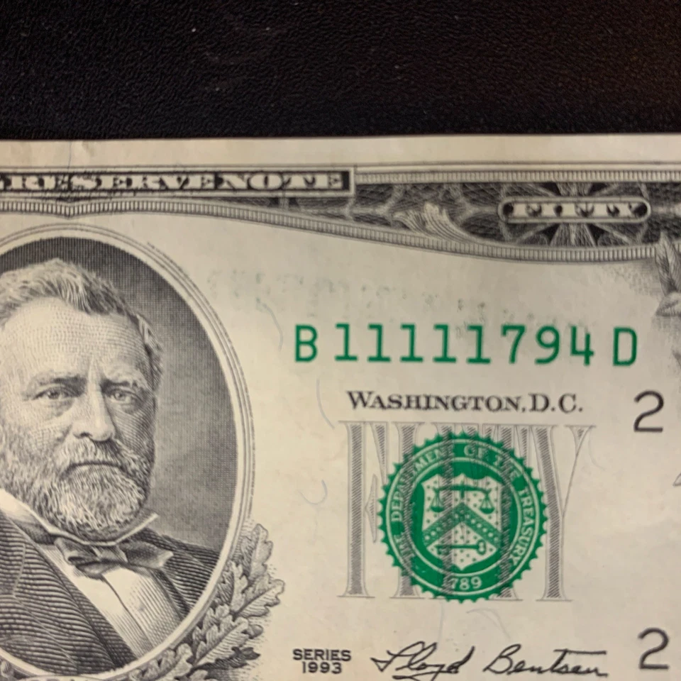 1993 $50 DOLLAR BILL SN B 11111794 D RARE Ink Bleed Through Error With 5 Ones - Image 3 of 4