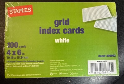 Staples NOS Grid Ruled Index Cards 4x6 Inches White 100 Pack Blank White 496092