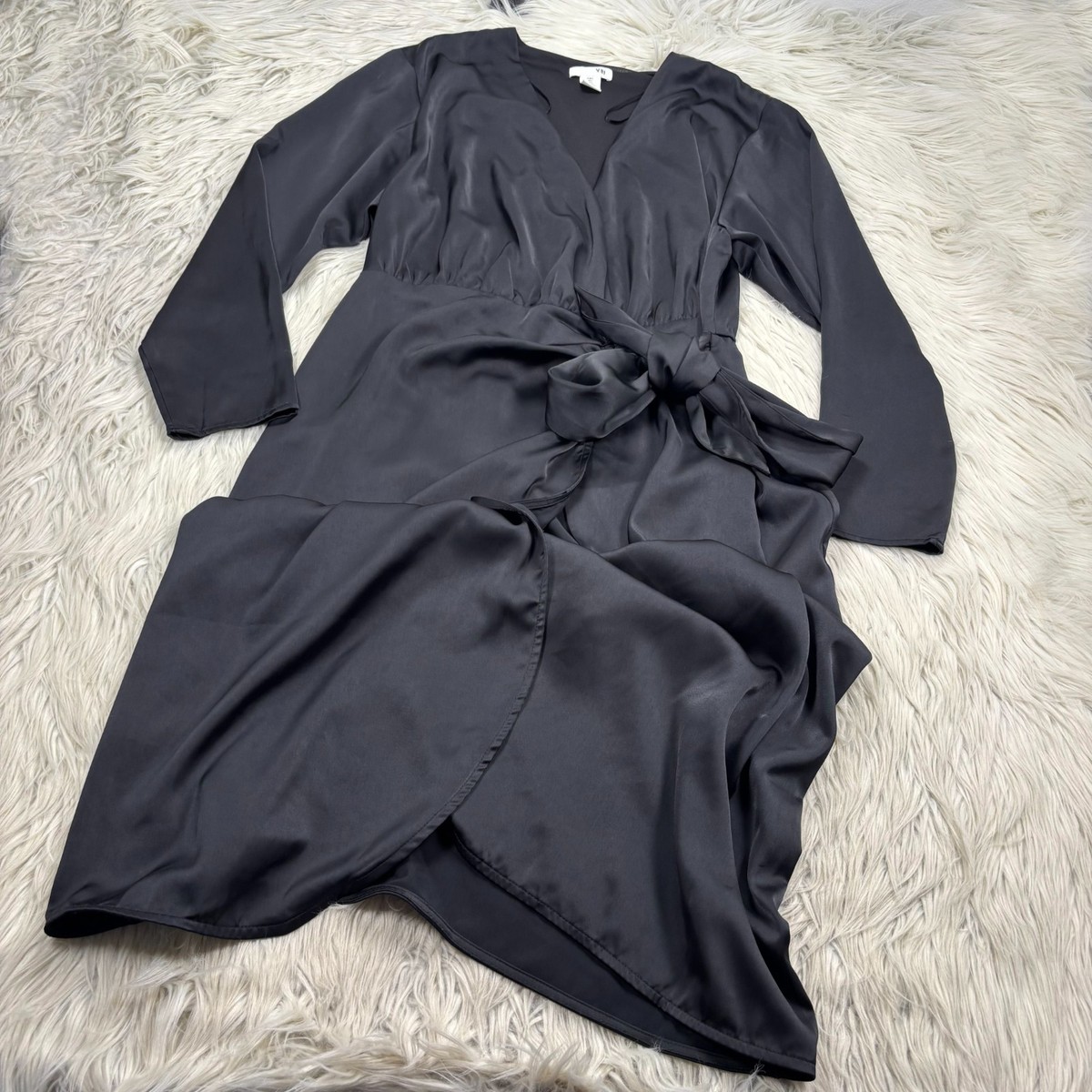 knee length dresses for ladies Black Satin Long Sleeve Wrap Top Ruched Mini Dress – AX Paris US