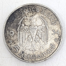 1934 J Germany 5 Reichsmark Potsdam Church Silver Coin KM 79 (J)