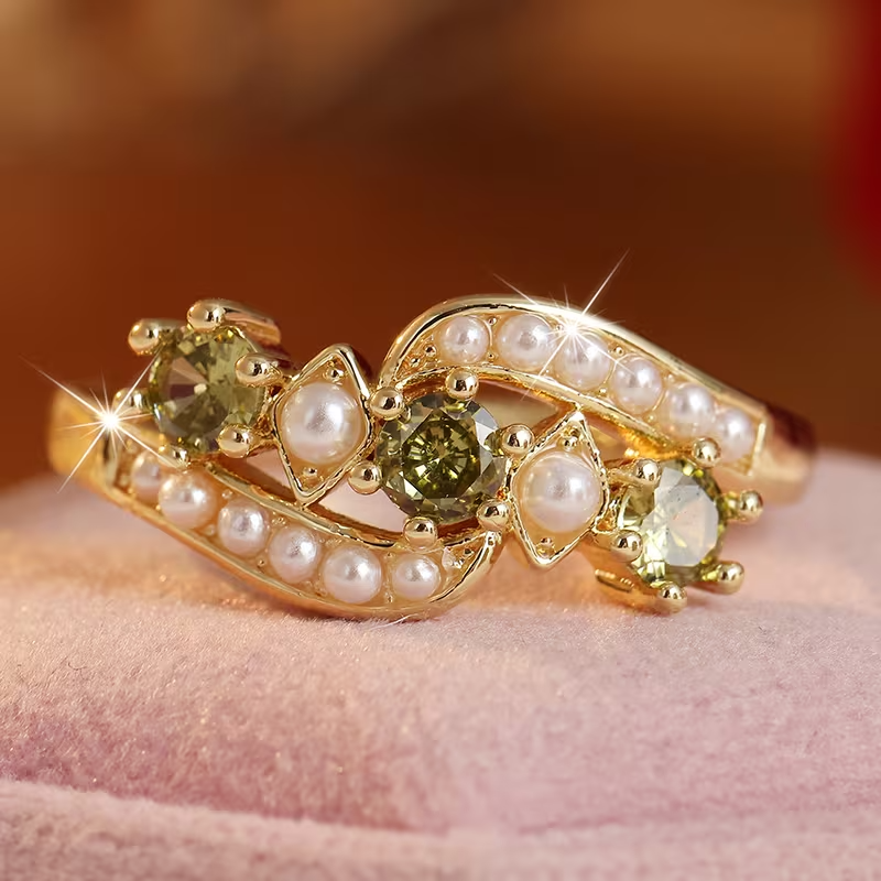 ️ 9ct Gold Peridot Pearl Ring Size P.5 Sim Gems Gold Filled Old Design ...