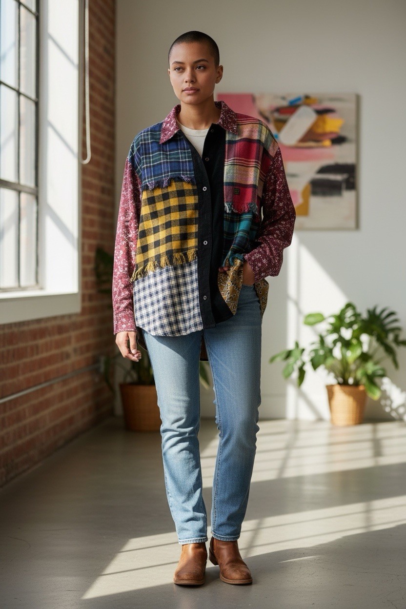Boho Patchwork Plaid Flannel Shirt  Button Fringe… - image 1