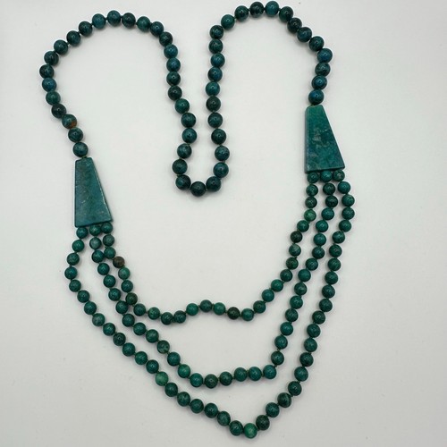 Vintage hand knotted teal imperial jasper beads triple strand beaded necklace - Picture 1 of 6