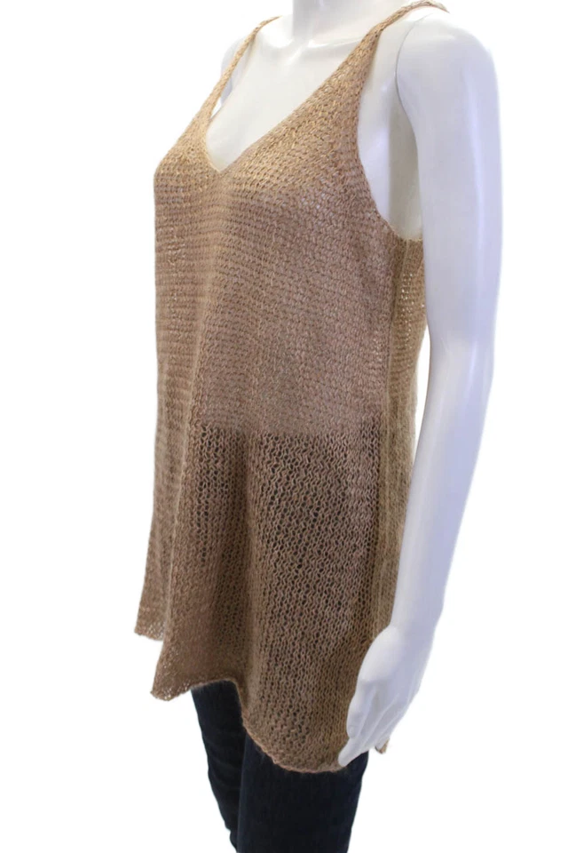 Camiseta sin mangas Donna Karan para mujer de punto abierto con cuello en V beige talla S Foto 2 de 4
