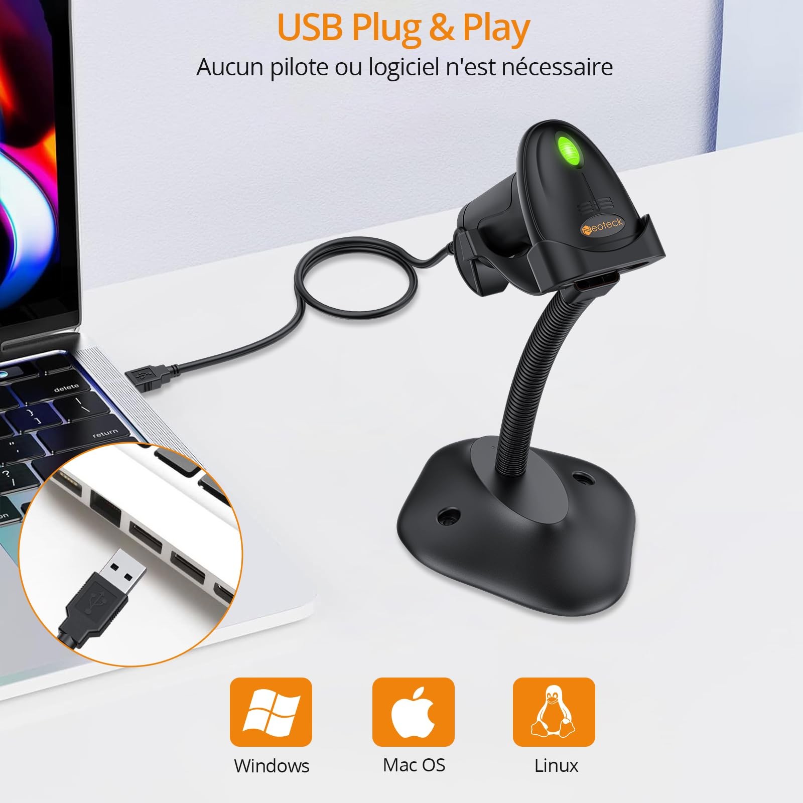Lecteur code barre CCD USB Filaire - 300 scans/sec pour code 1D - 2