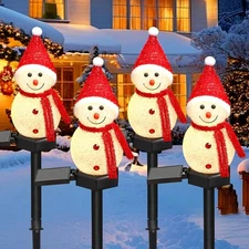 4Pc LED Christmas Solar Lights Snowmen Stake Lamp Path Garden Outdoor Xmas Decor