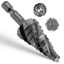 Four Spiral Flute Step Drill Bit, HSS Step Drill Bits (1/4"-3/4") Unibit Step Dr