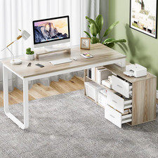 55 Inch L Shaped Desk with 3 Drawers, White Desk with Storage Shelves, Home Offi