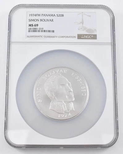 MS69 1974 FM Panama 20 Balboas Simon Bolivar Silver NGC Brown Lbl *7458