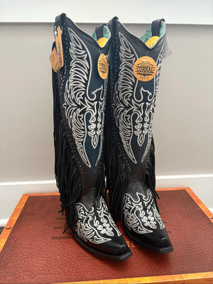 NIB Corral Boots Black Blue Eagle Embroidery Studded Fringe Cowboy Boots 7.5