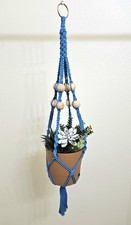 Macrame Cotton Cord Plant Hanger 35" Wooden Beads Metal Ring Handmade Lake Blue