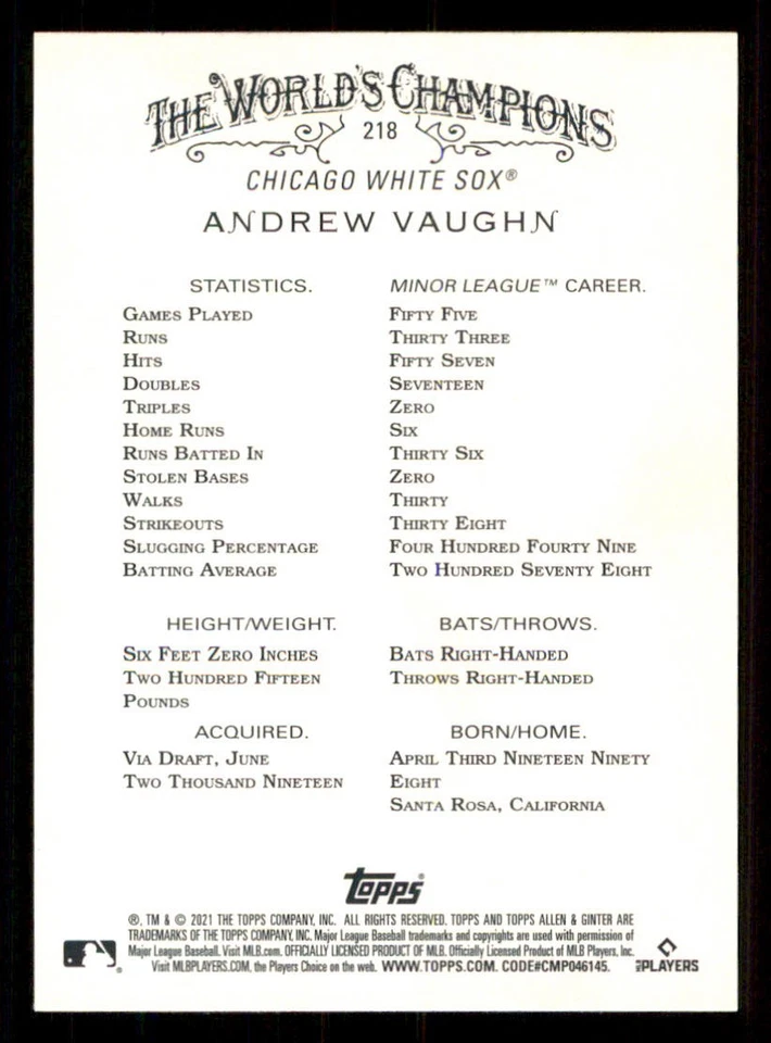 2021 Topps Allen and Ginter Silver #218 Andrew Vaughn - Image 2 of 2