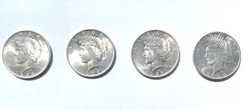 Lot of 4 Beautiful Peace Dollars, High Luster coins, AU, 90% Silver, 1922 - 1925