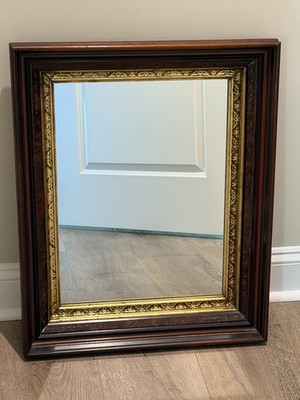 Antique Walnut Victorian Mirror With Multi Tiered Frame and Inner Gilded Border