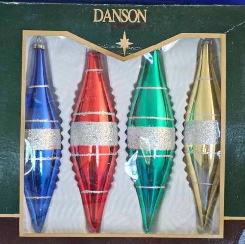 4 Vintage 6" Mica Hand Decorated Glass CHRISTMAS TREE ORNAMENTS in Original Box - Picture 8 of 9