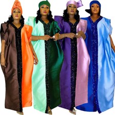 African Dashiki Women Satin Kaftan Maxi Dress Muslim Dubai Oversize Evening Gown