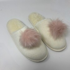 INC Womens Medium Slide Slippers Ivory Sweater Knit with Pink Faux Fur Pompom