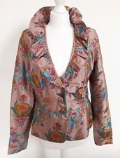 Gabriela Rose 100% Silk Jacket Size 12 Pink Turquoise Ruffles Long Sleeve