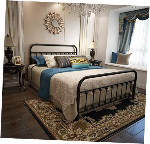 Vintage Sturdy Queen Size Metal Bed Frame with Headboard and Footboard Basic