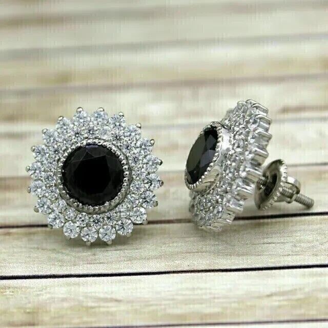 Black Onyx Stud Earrings for Women 14k White Gold Plated 4Ct Round Cut Gemstone  -image