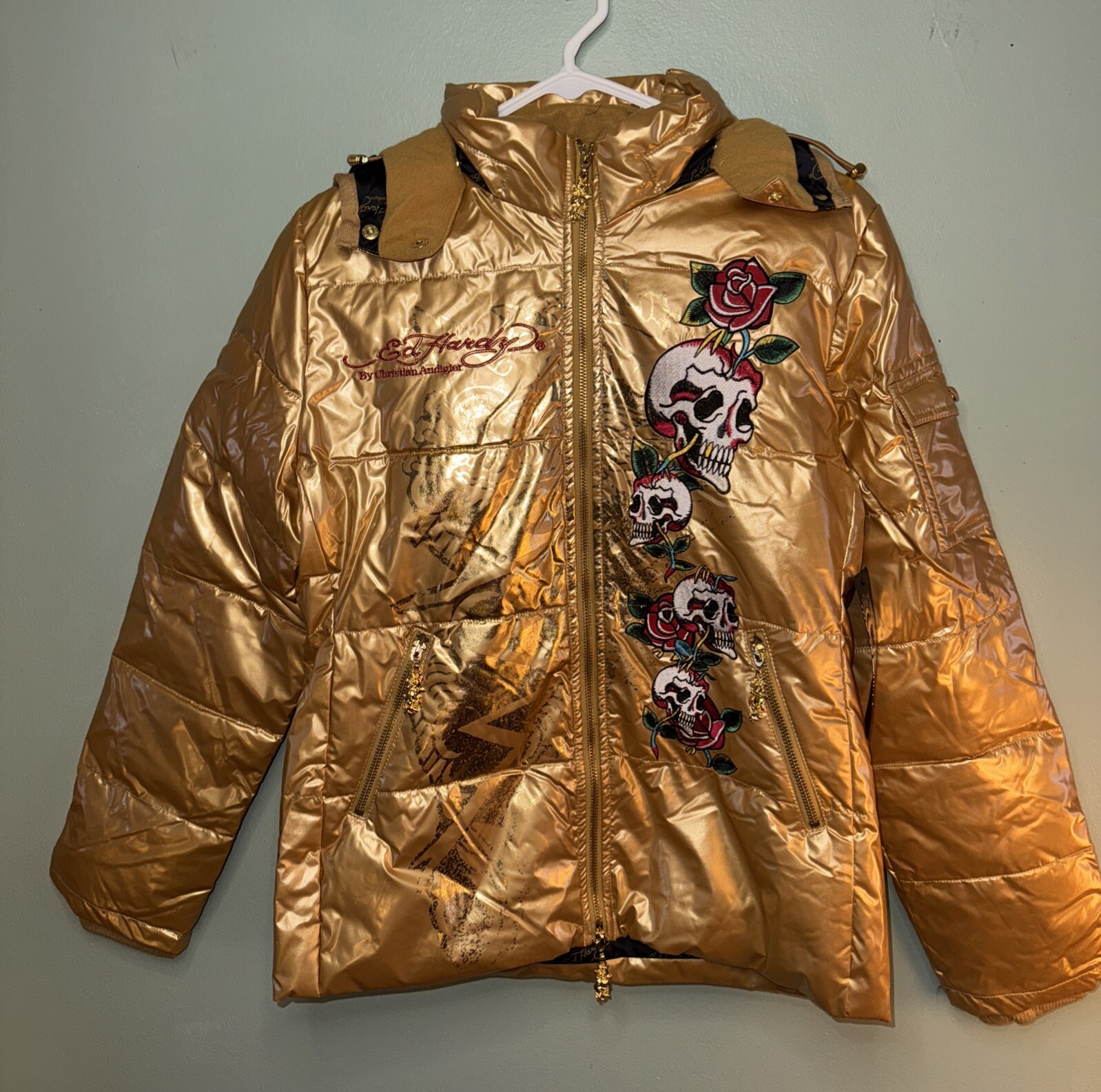 Ed Hardy by Christian Audigier Women's Embroidered Down  Puffer Jacket M NWT