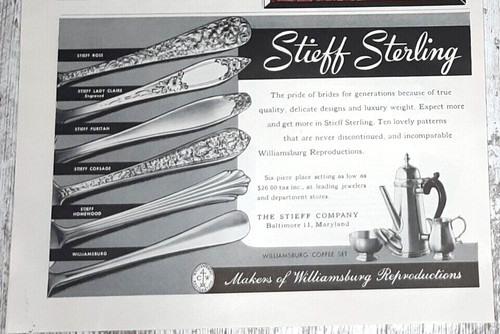 1953 Stieff Sterling Vintage Print Ad Silverware Williamsburg Reproductions B&W