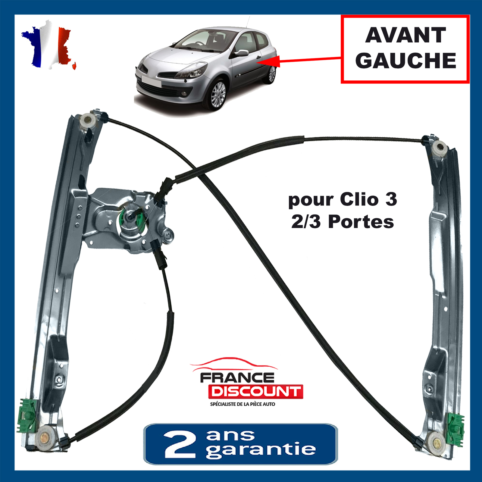 Lève-vitre avant gauche Clio 3 trois portes pour réparer une vitre bloquée ou tombée