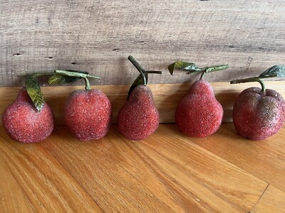 Vintage Apple Pear Beaded Frosted Decorative Sugared Lot of  5 Fruit.Christmas