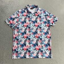 Sunday Swagger Polo Shirt Mens Medium White Palm Tree Floral Print Company Logo