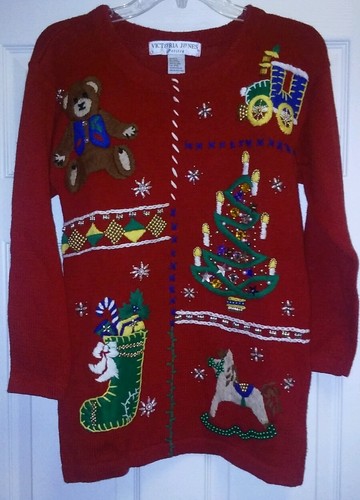 Ugly Christmas Sweater VICTORIA JONES Petite Small RED Teddy Bear XMAS STOCKING - Picture 10 of 12
