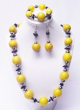 Round Yellow w/Brown Disc Wood Bead Necklace/Bracelet/Earrings Set